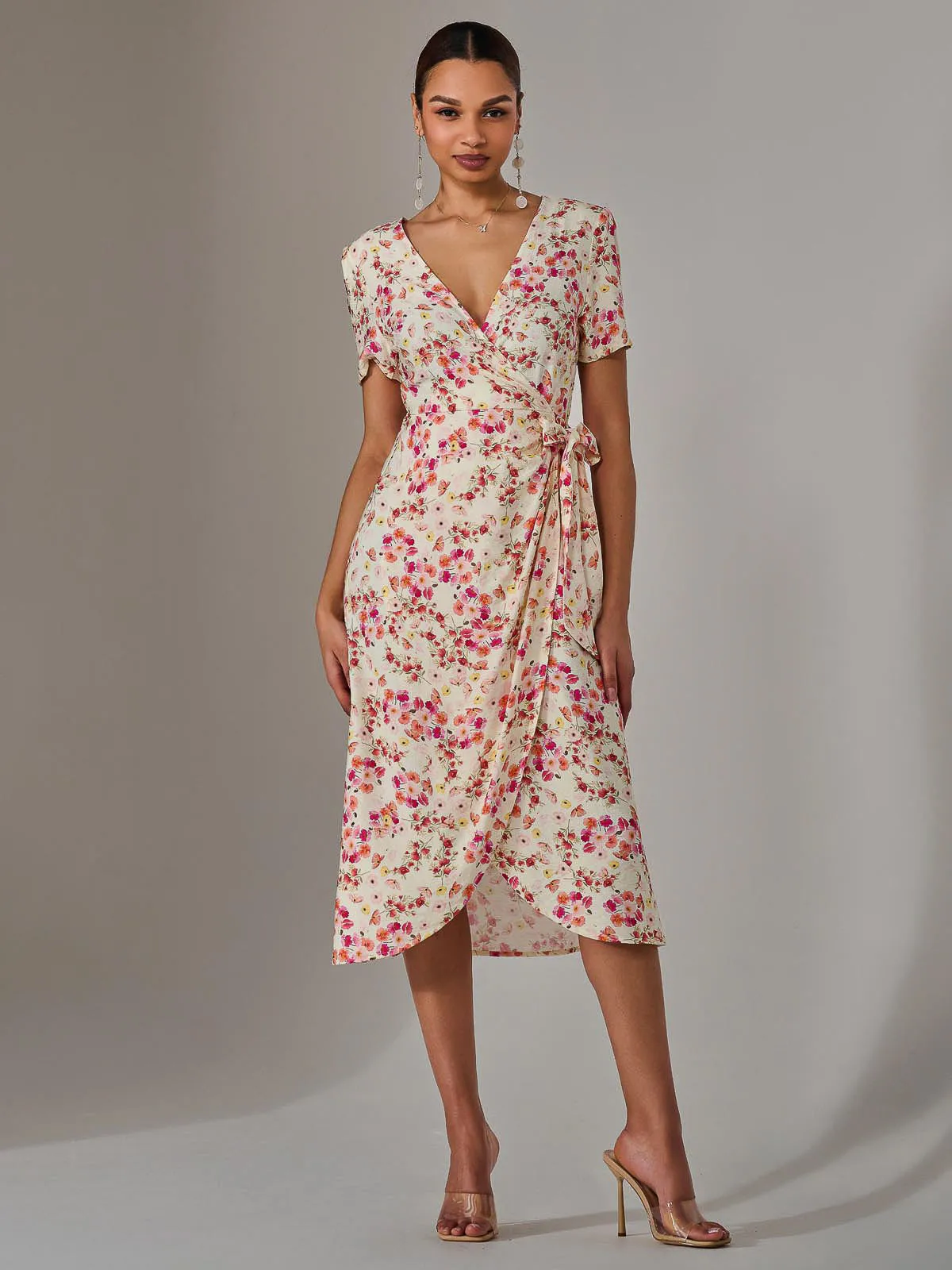 Wrap Midi Dress, Pink Floral