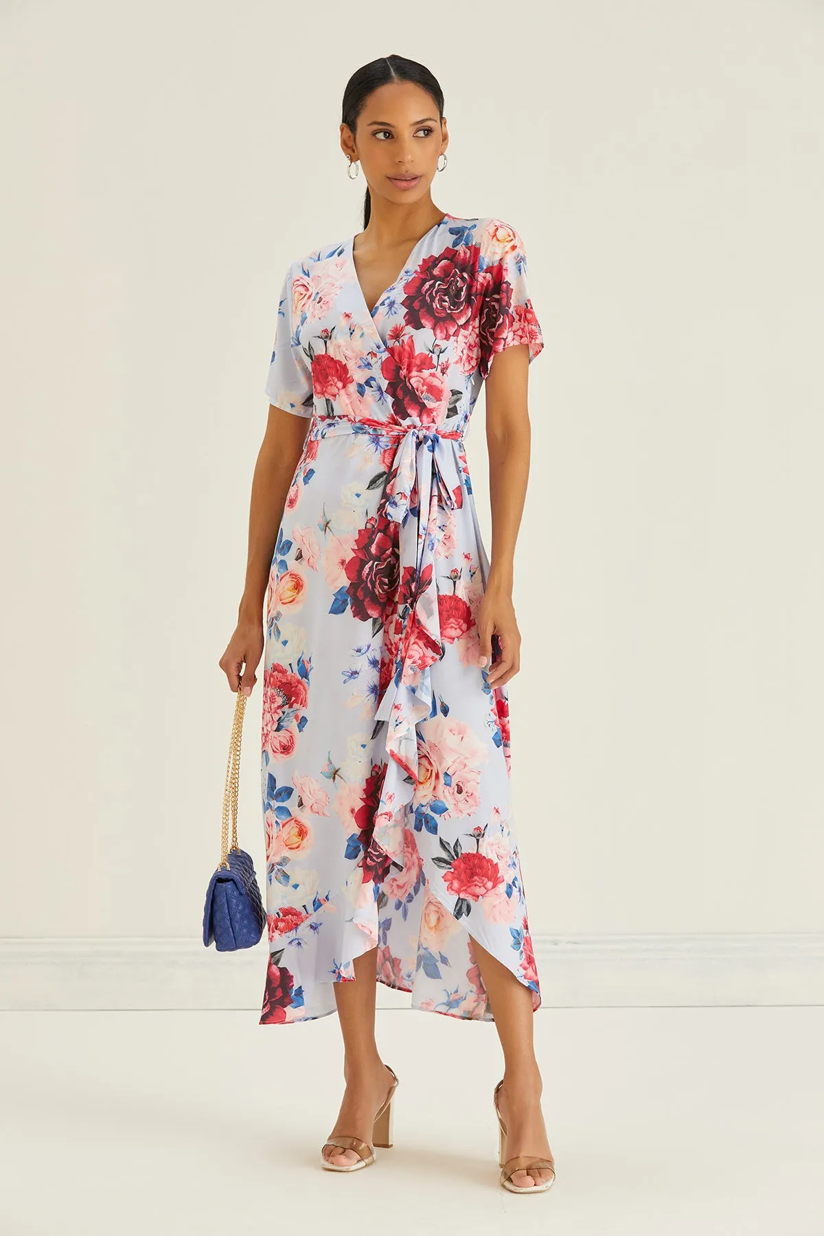 Wrap Midi Frill Skirt Dress in Blue Floral print