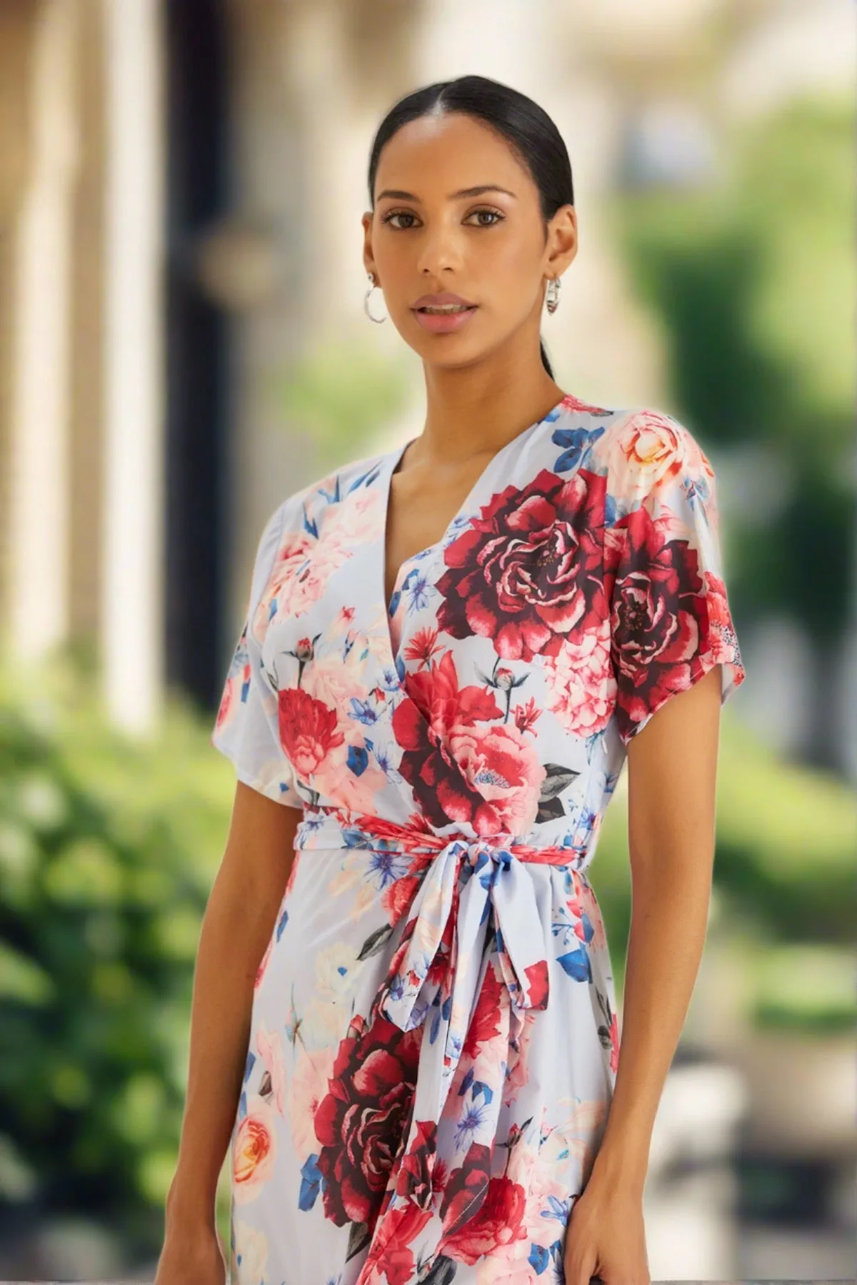 Wrap Midi Frill Skirt Dress in Blue Floral print