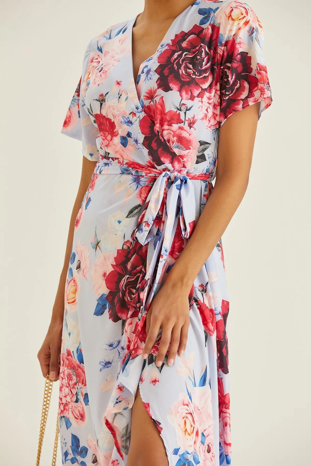 Wrap Midi Frill Skirt Dress in Blue Floral print