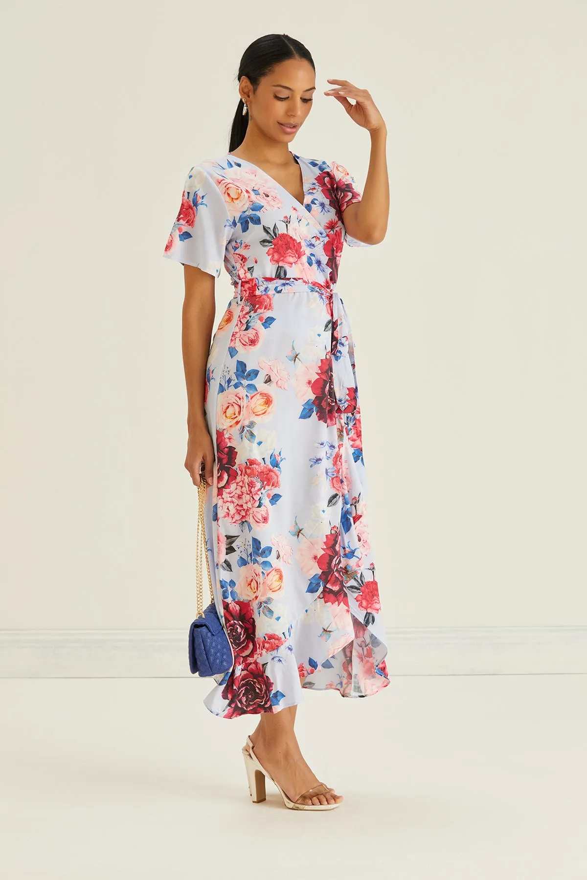 Wrap Midi Frill Skirt Dress in Blue Floral print