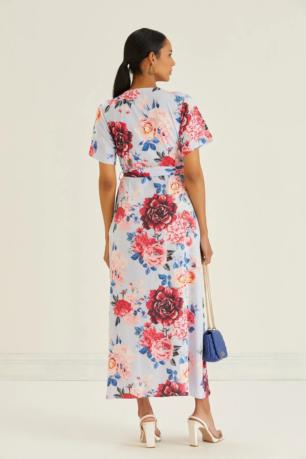 Wrap Midi Frill Skirt Dress in Blue Floral print