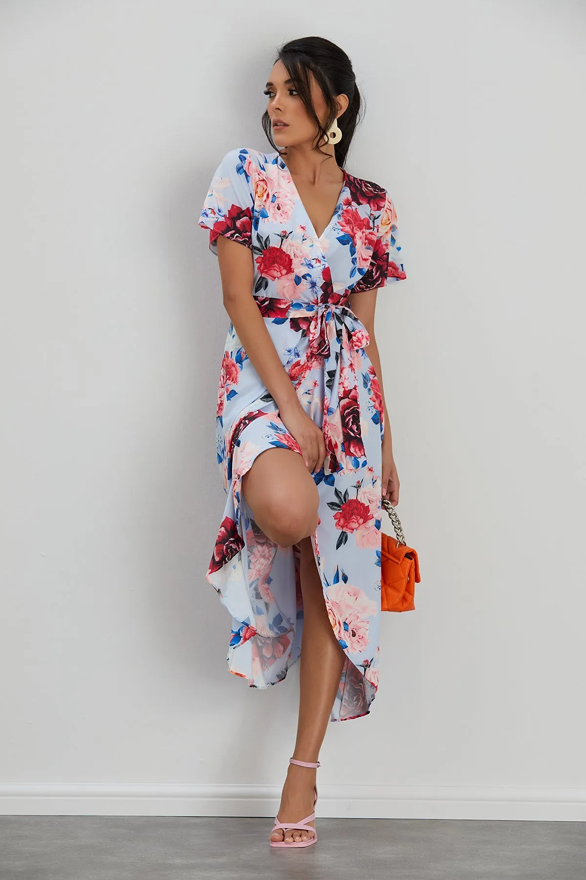 Wrap Midi Frill Skirt Dress in Blue Floral print