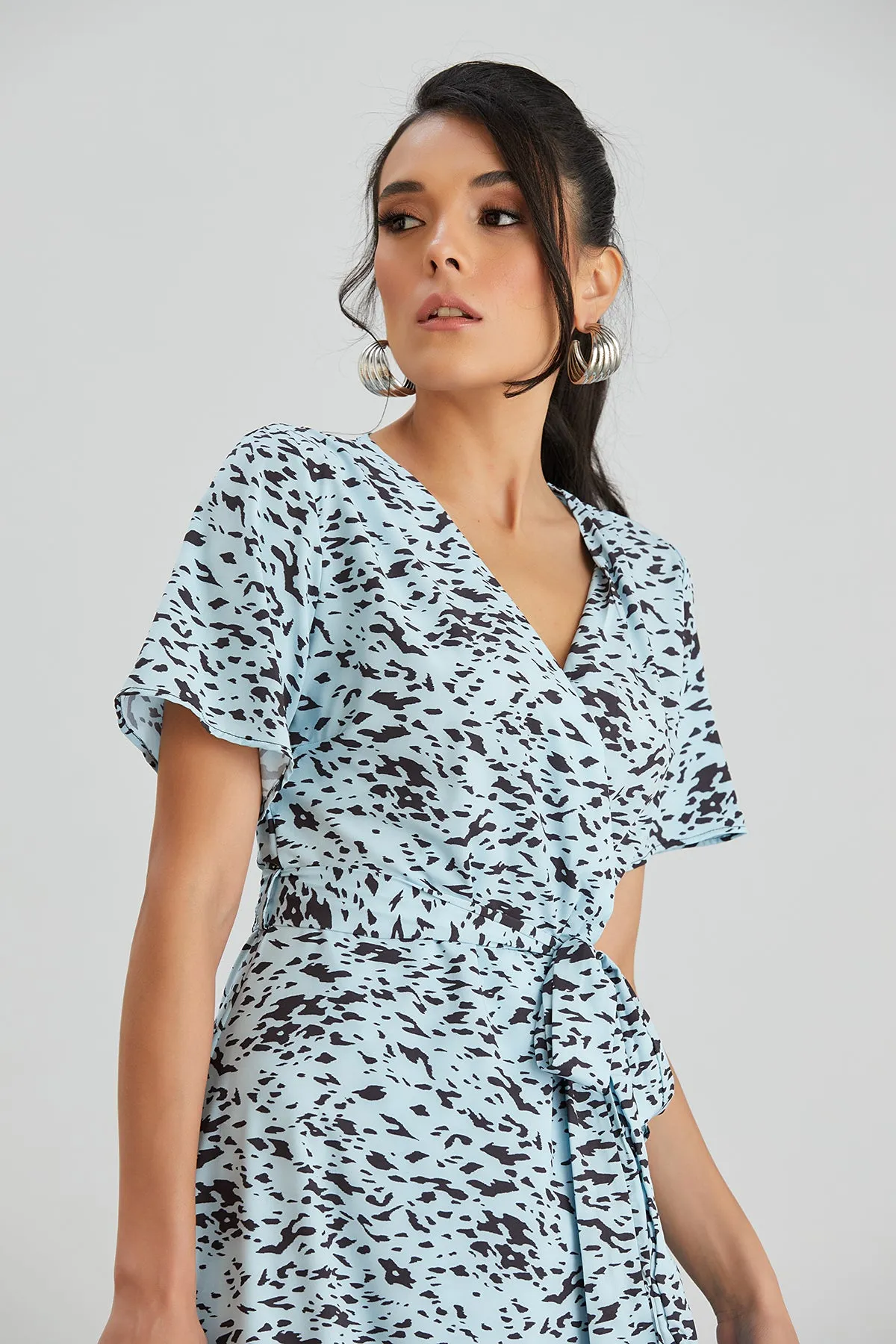 Wrap Midi Frill Skirt Dress in Blue Leopard print