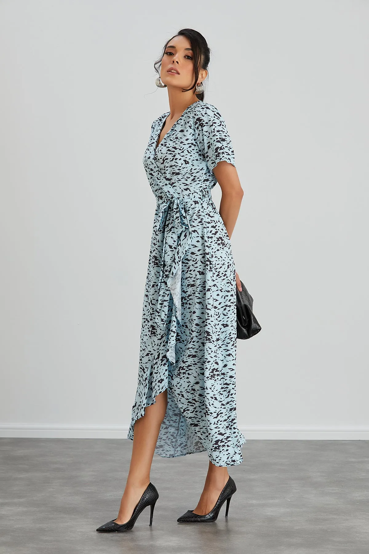 Wrap Midi Frill Skirt Dress in Blue Leopard print