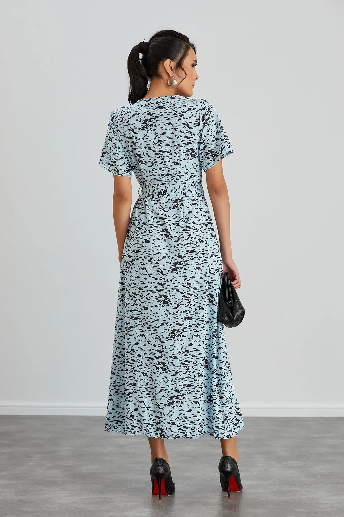 Wrap Midi Frill Skirt Dress in Blue Leopard print