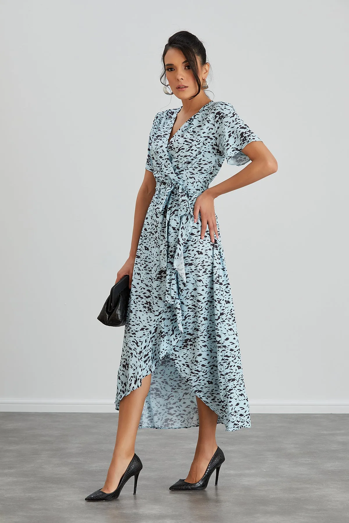 Wrap Midi Frill Skirt Dress in Blue Leopard print