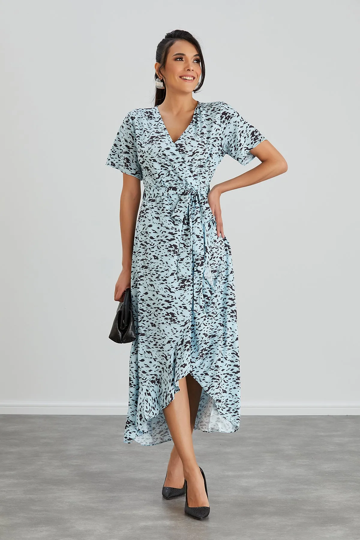 Wrap Midi Frill Skirt Dress in Blue Leopard print