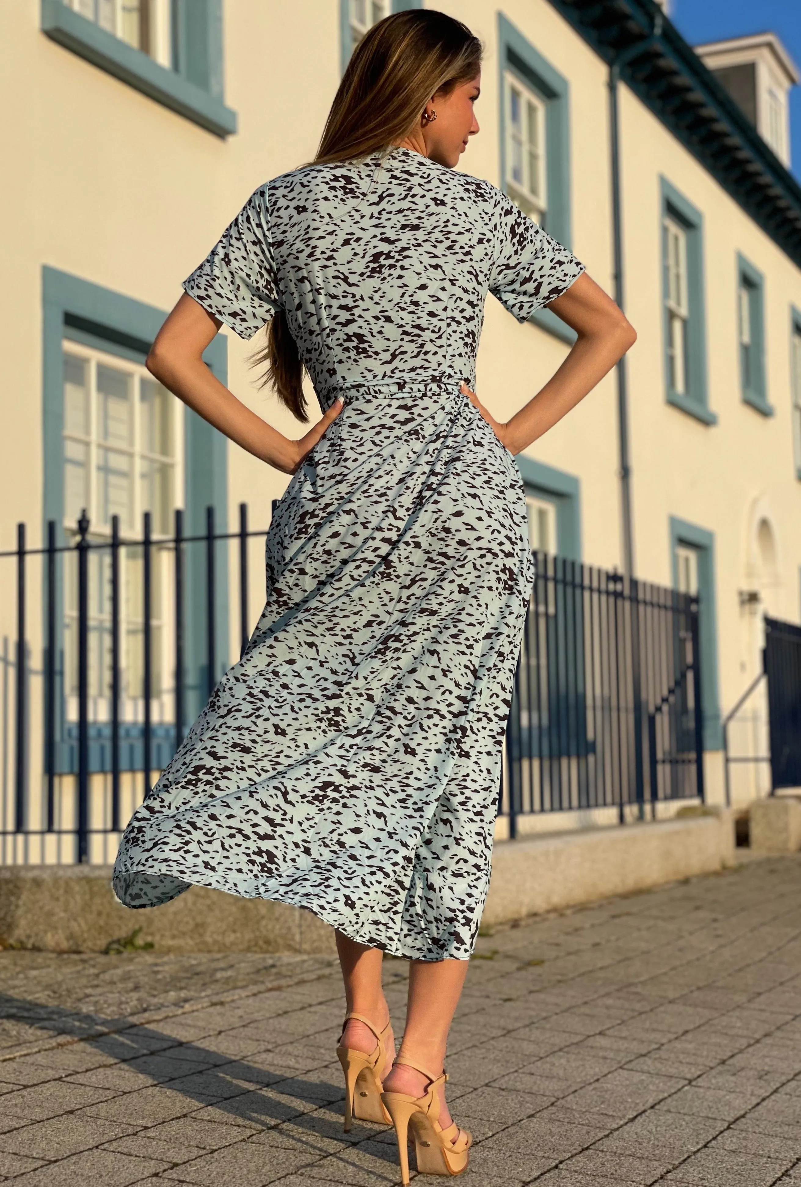 Wrap Midi Frill Skirt Dress in Blue Leopard print