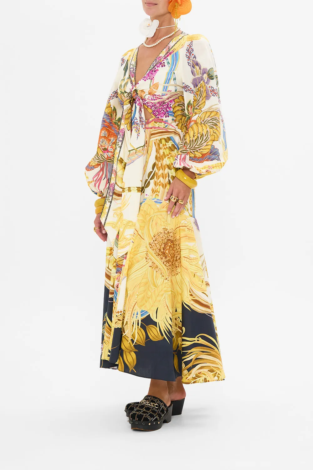 WRAP TIE DRESS WITH BLOUSON SLEEVE SUNFLOWERS ON MY MIND