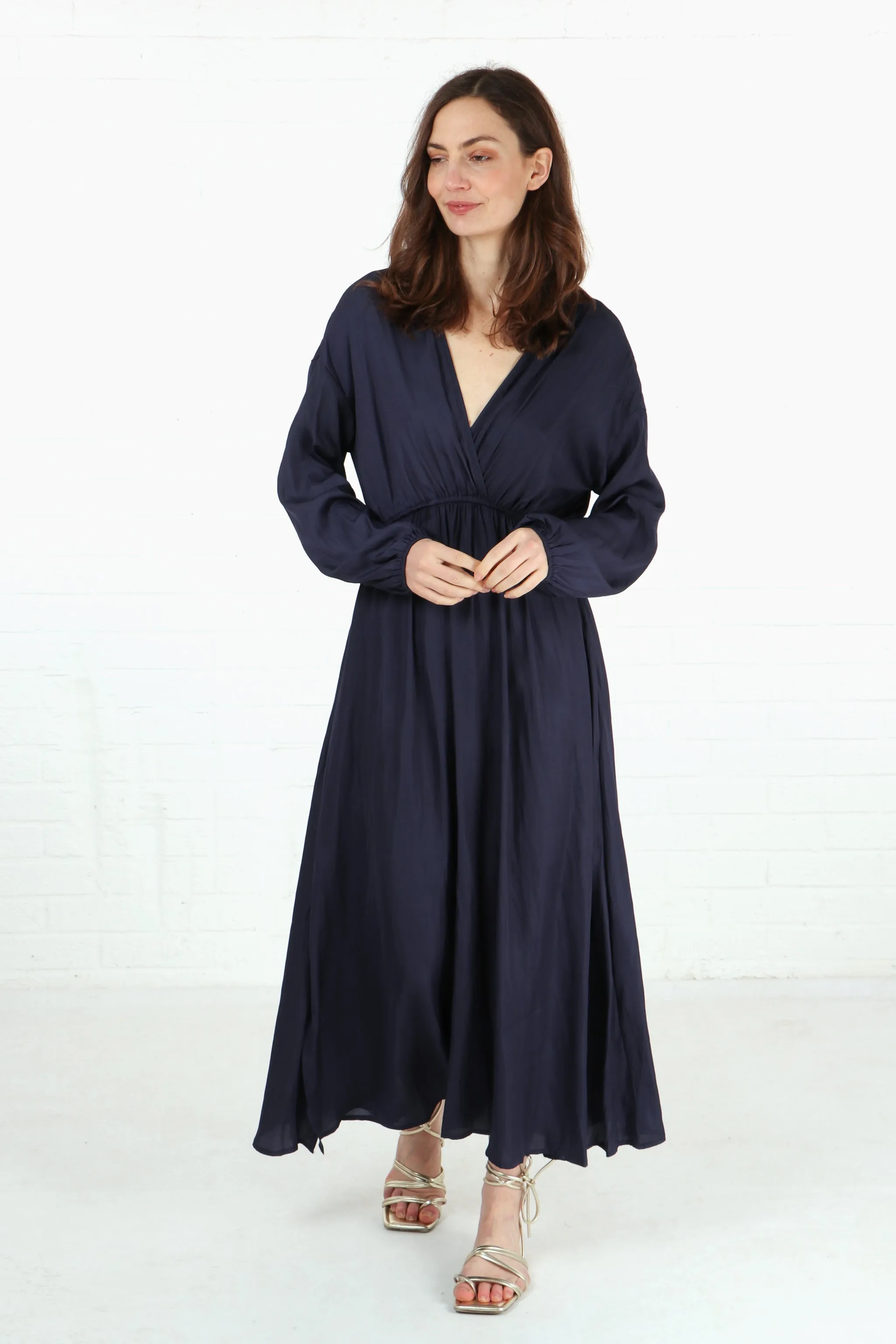 Wrap Top Maxi Dress with Elasticated Waist in Navy Blue