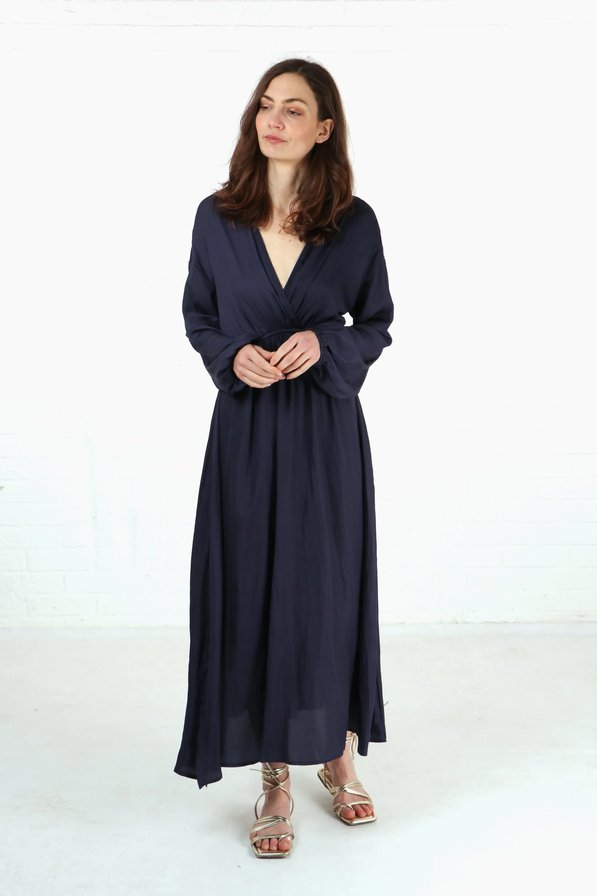 Wrap Top Maxi Dress with Elasticated Waist in Navy Blue