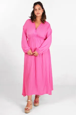 Wrap Top Maxi Dress with Elasticated Waist in Pink