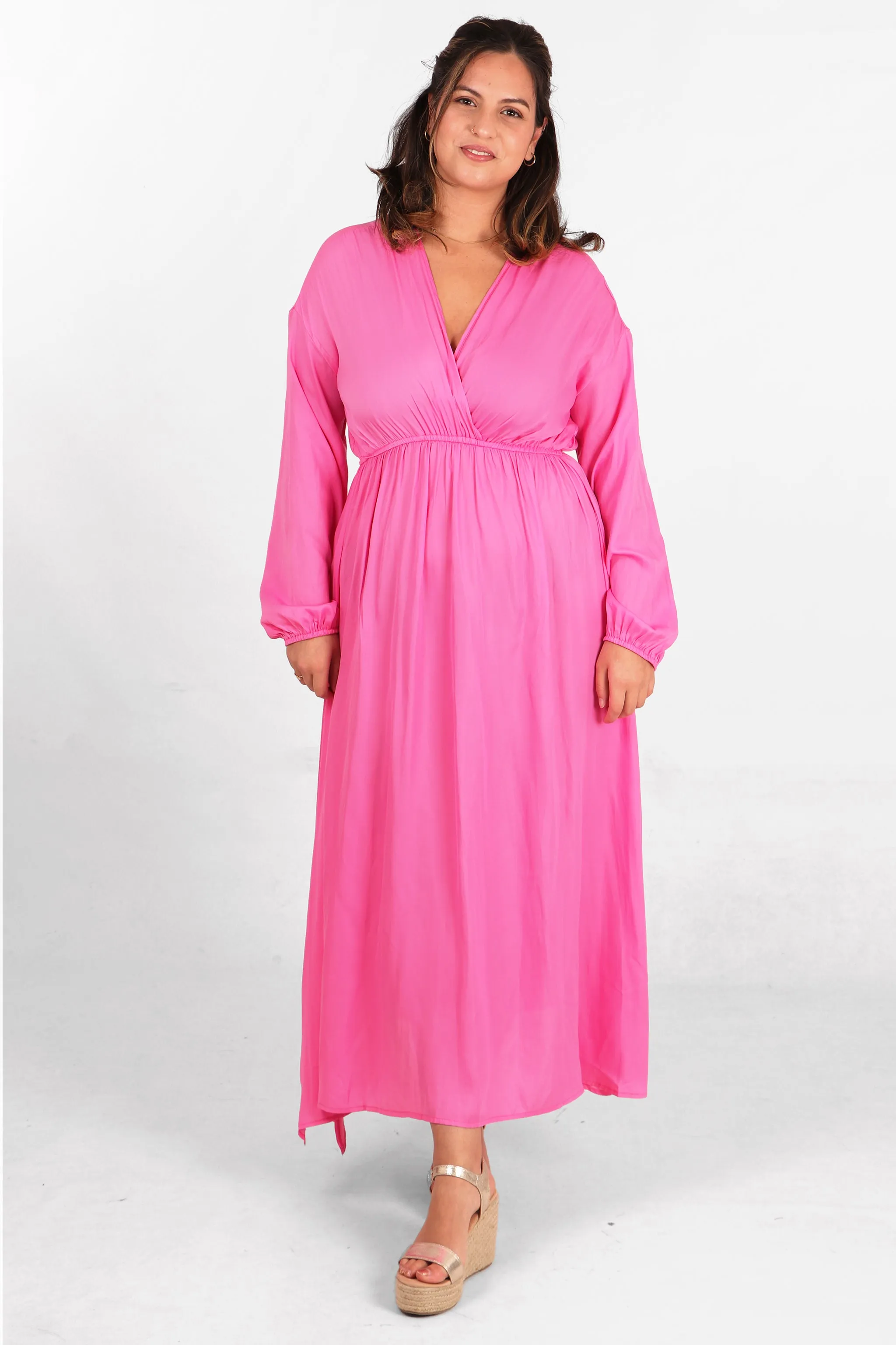 Wrap Top Maxi Dress with Elasticated Waist in Pink