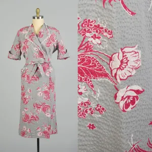 XXL 1950s Seersucker Wrap Dress Novelty Print Grey Hot Pink Casual Summer Day Dress House Dress