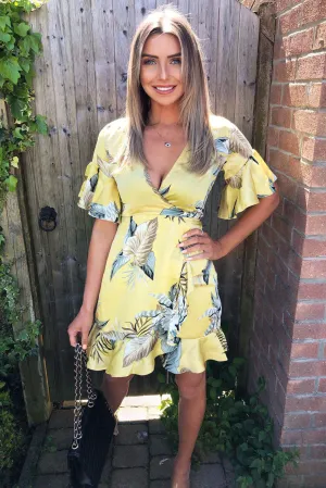 Yellow Floral Print Frill Wrap Dress