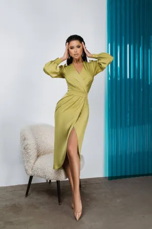 Yellow-Green Wrap Long Sleeve Midi Dress