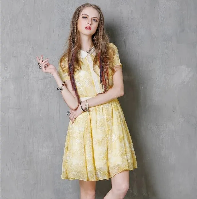 Yellow Short Sleeve Peter Pan Collar Floral Print Dress