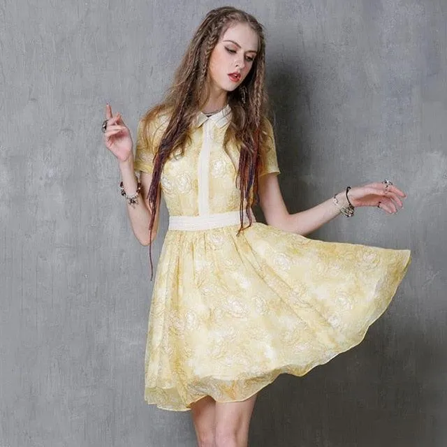 Yellow Short Sleeve Peter Pan Collar Floral Print Dress