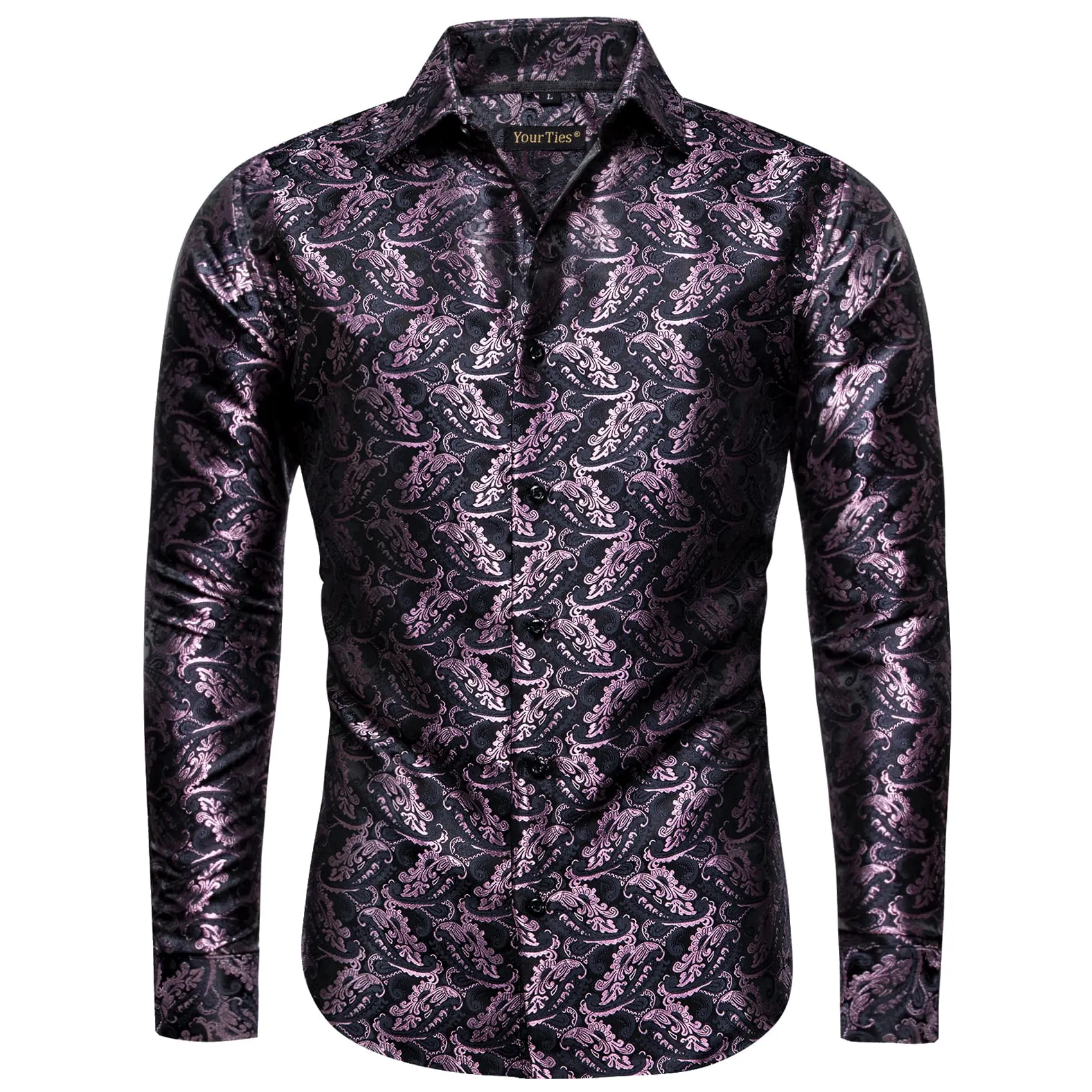 YourTies Black Long Sleeve Top Pink Jacquard Floral Men's Dress Shirt