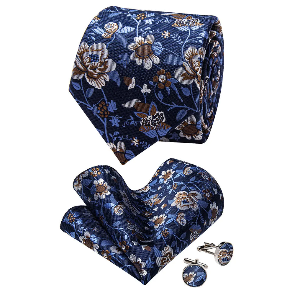 YourTies Black Solid Long Sleeve Shirt with Dark Blue Brown Floral Silk Tie for Men