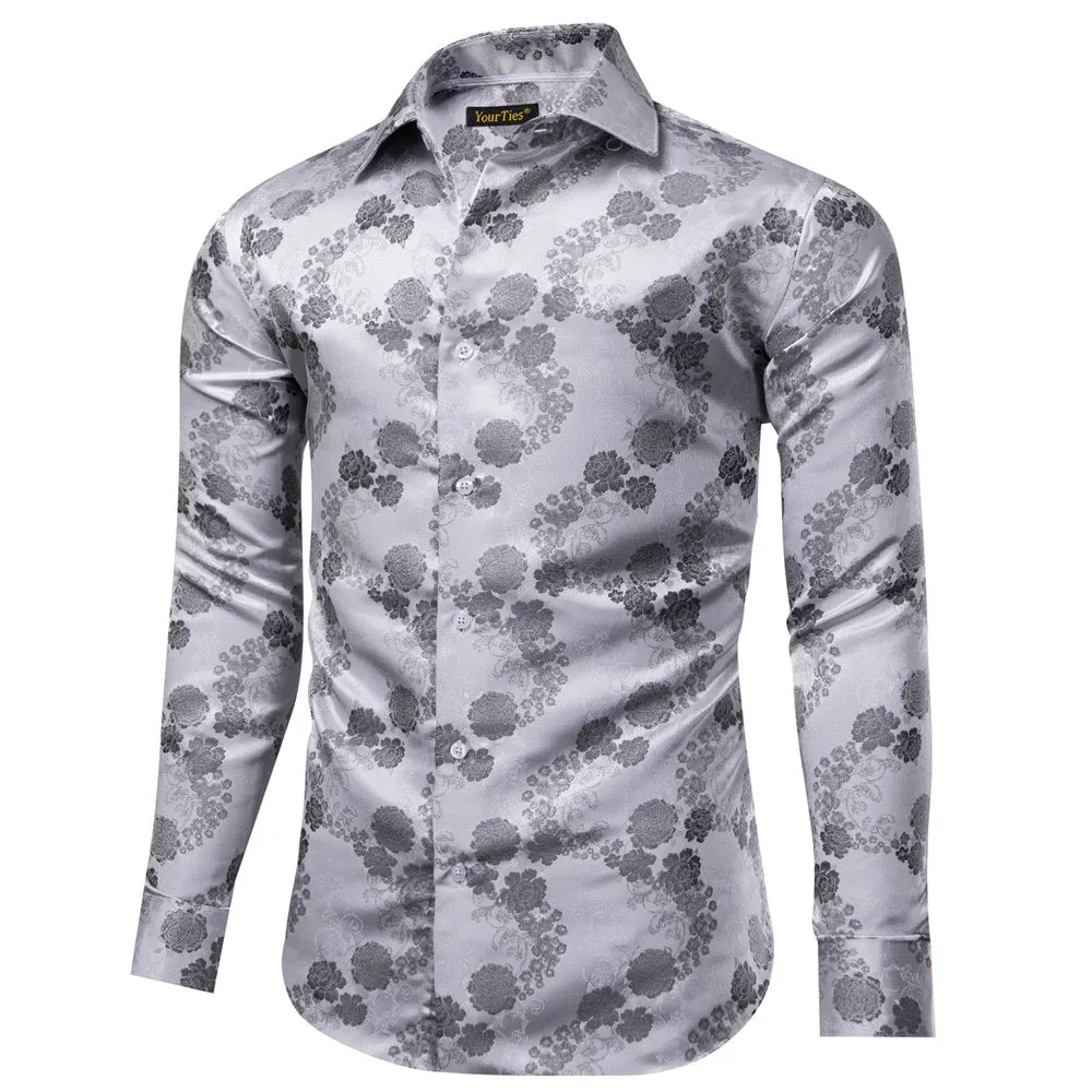 YourTies Men's Grey Floral Silk Long Sleeve Button Down Shirt