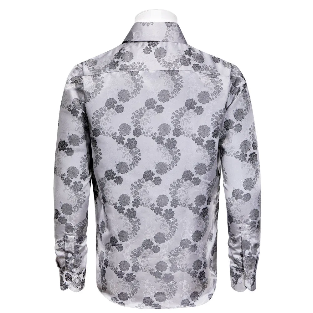 YourTies Men's Grey Floral Silk Long Sleeve Button Down Shirt