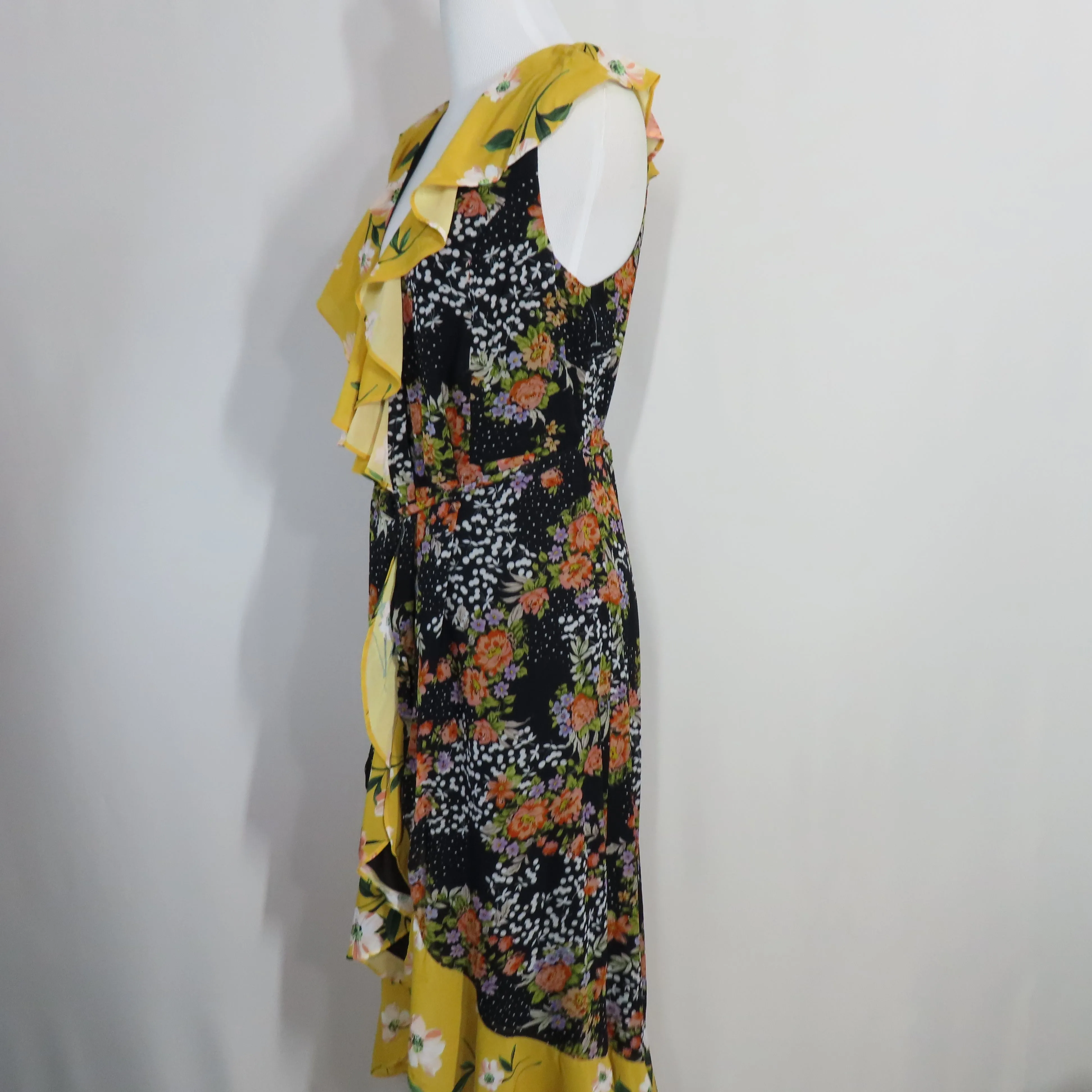 Yumi Kim Black Midnight Magic Nantucket Wrap Midi Dress with Yellow Ruffle Hem Size Small