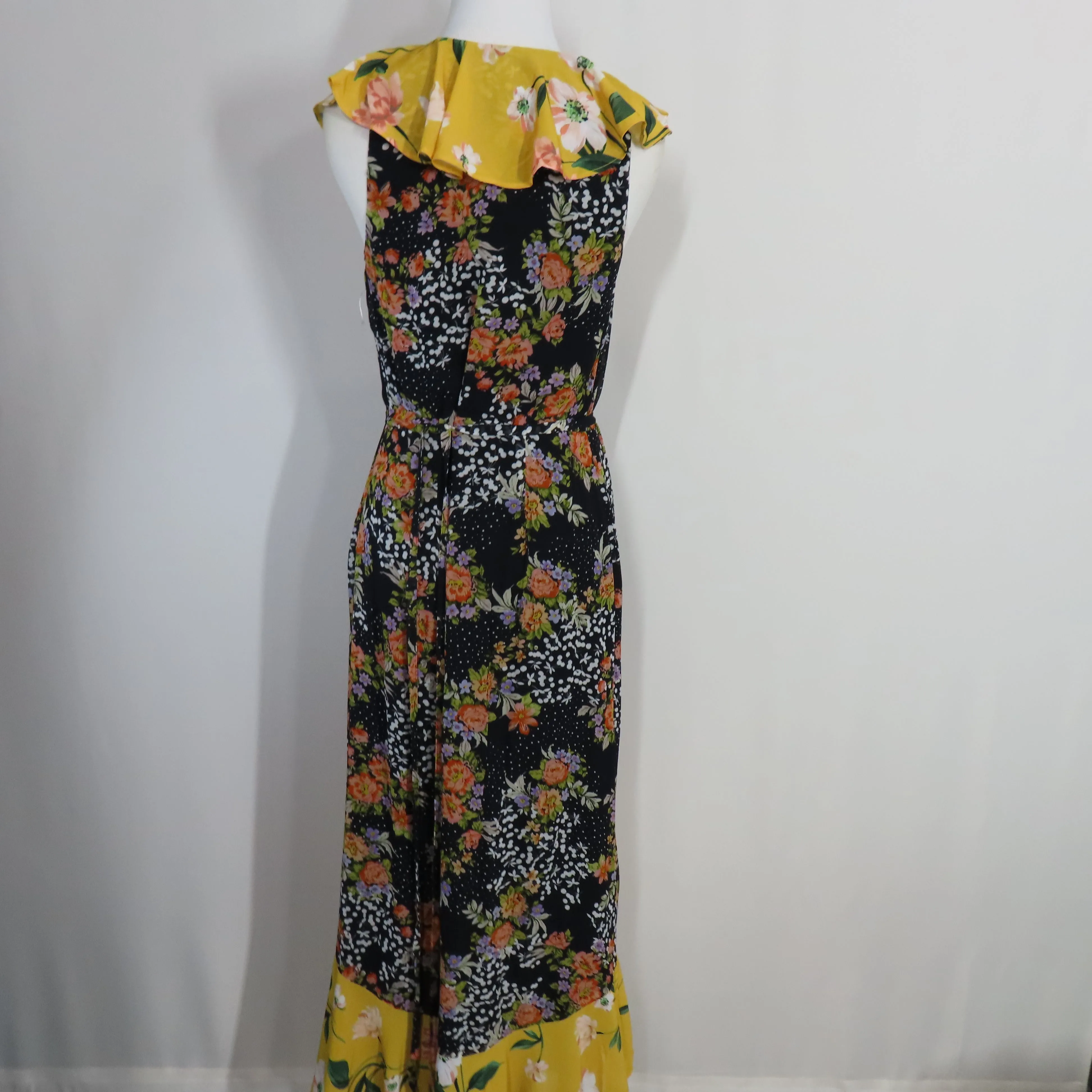 Yumi Kim Black Midnight Magic Nantucket Wrap Midi Dress with Yellow Ruffle Hem Size Small