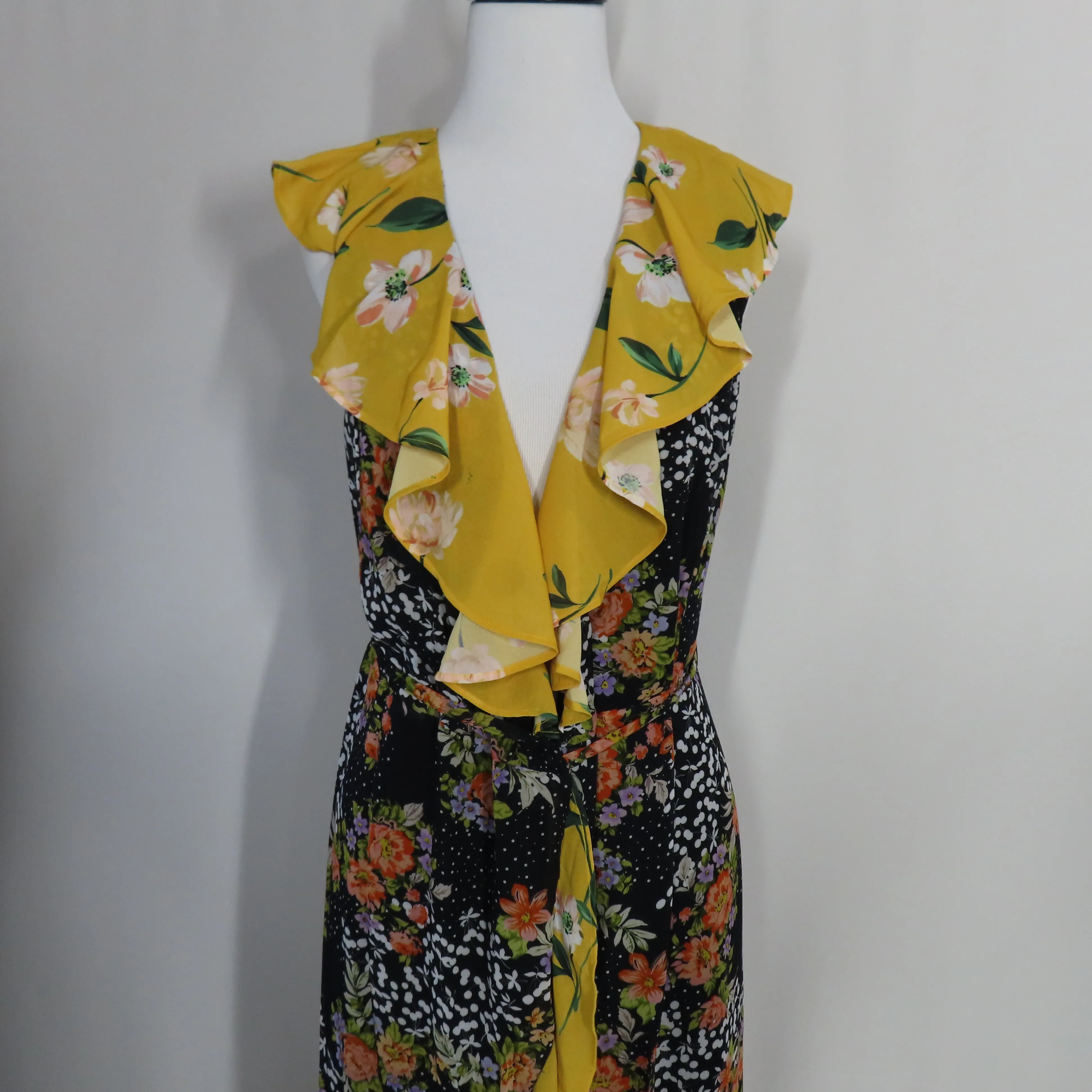 Yumi Kim Black Midnight Magic Nantucket Wrap Midi Dress with Yellow Ruffle Hem Size Small