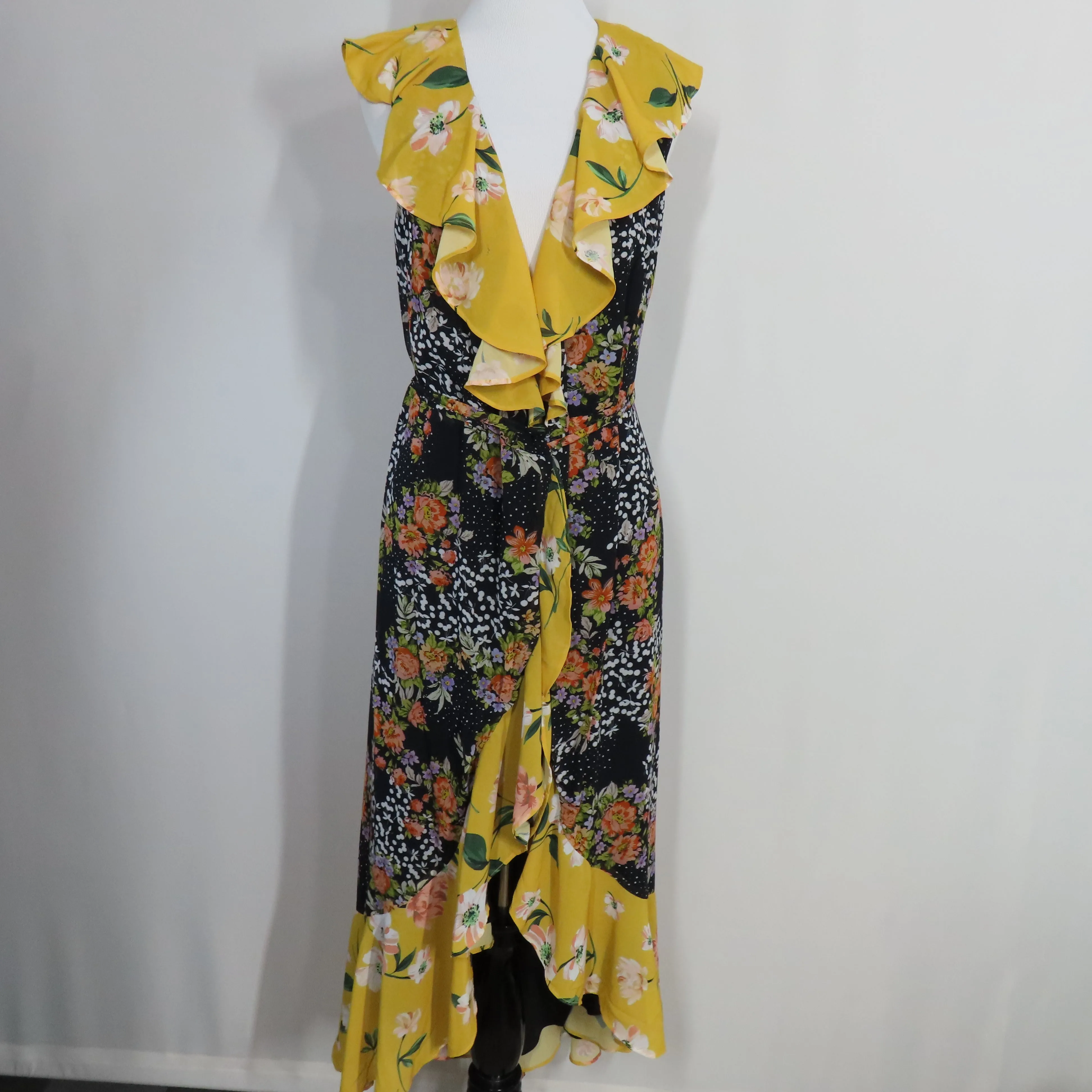 Yumi Kim Black Midnight Magic Nantucket Wrap Midi Dress with Yellow Ruffle Hem Size Small