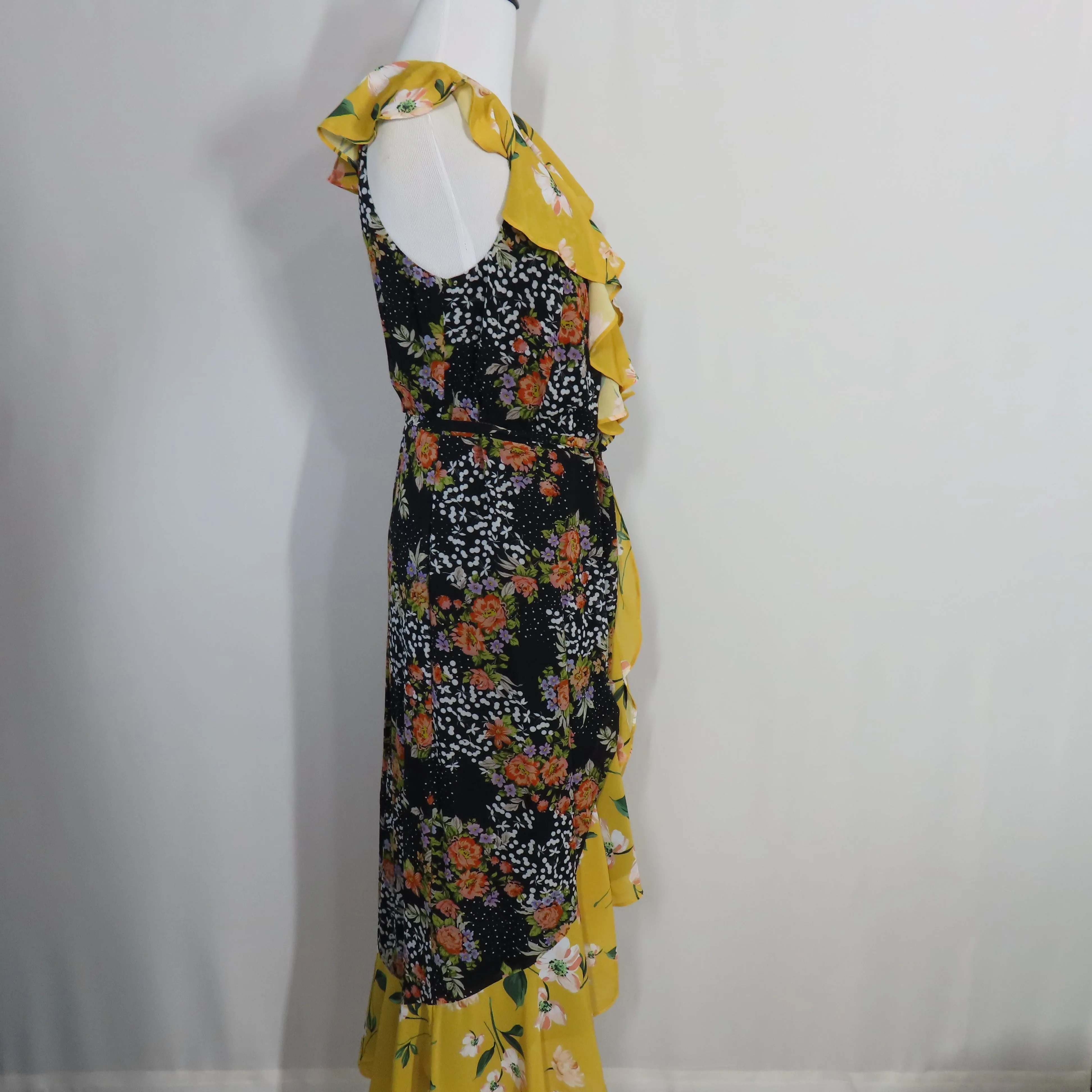 Yumi Kim Black Midnight Magic Nantucket Wrap Midi Dress with Yellow Ruffle Hem Size Small