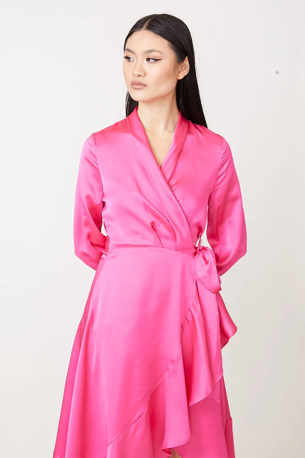 YVETTE - LONG SLEEVES SATIN WRAP DRESS