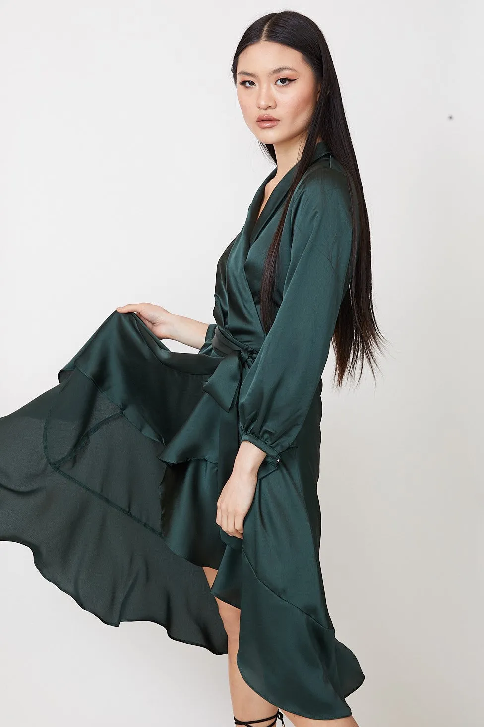 YVETTE - LONG SLEEVES SATIN WRAP DRESS