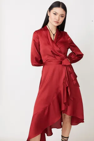 YVETTE - LONG SLEEVES SATIN WRAP DRESS