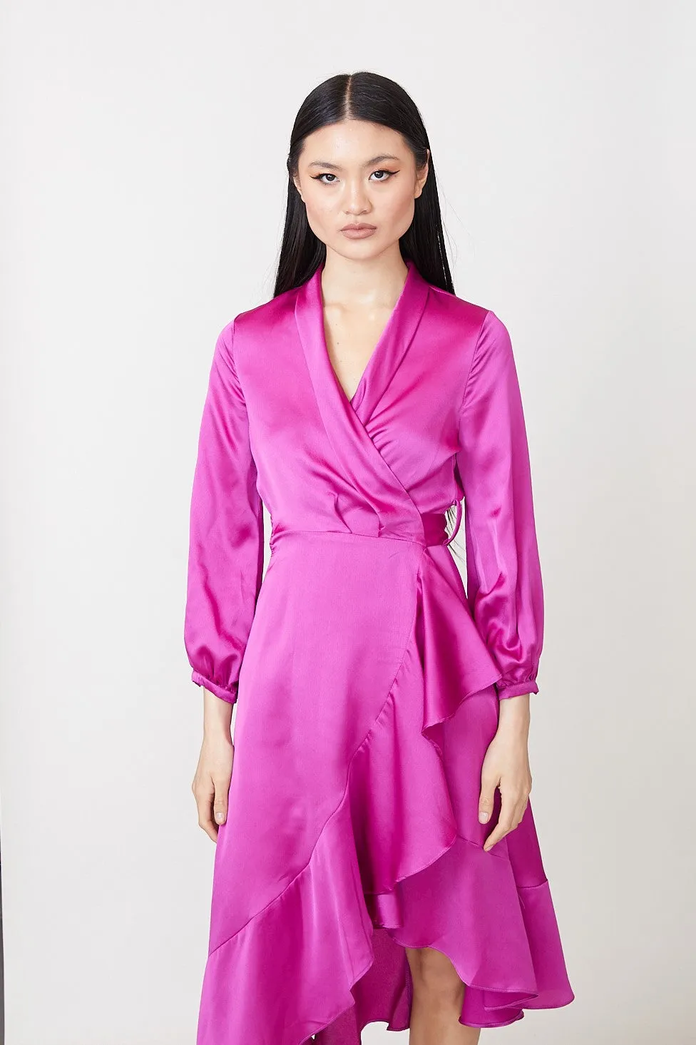 YVETTE - LONG SLEEVES SATIN WRAP DRESS